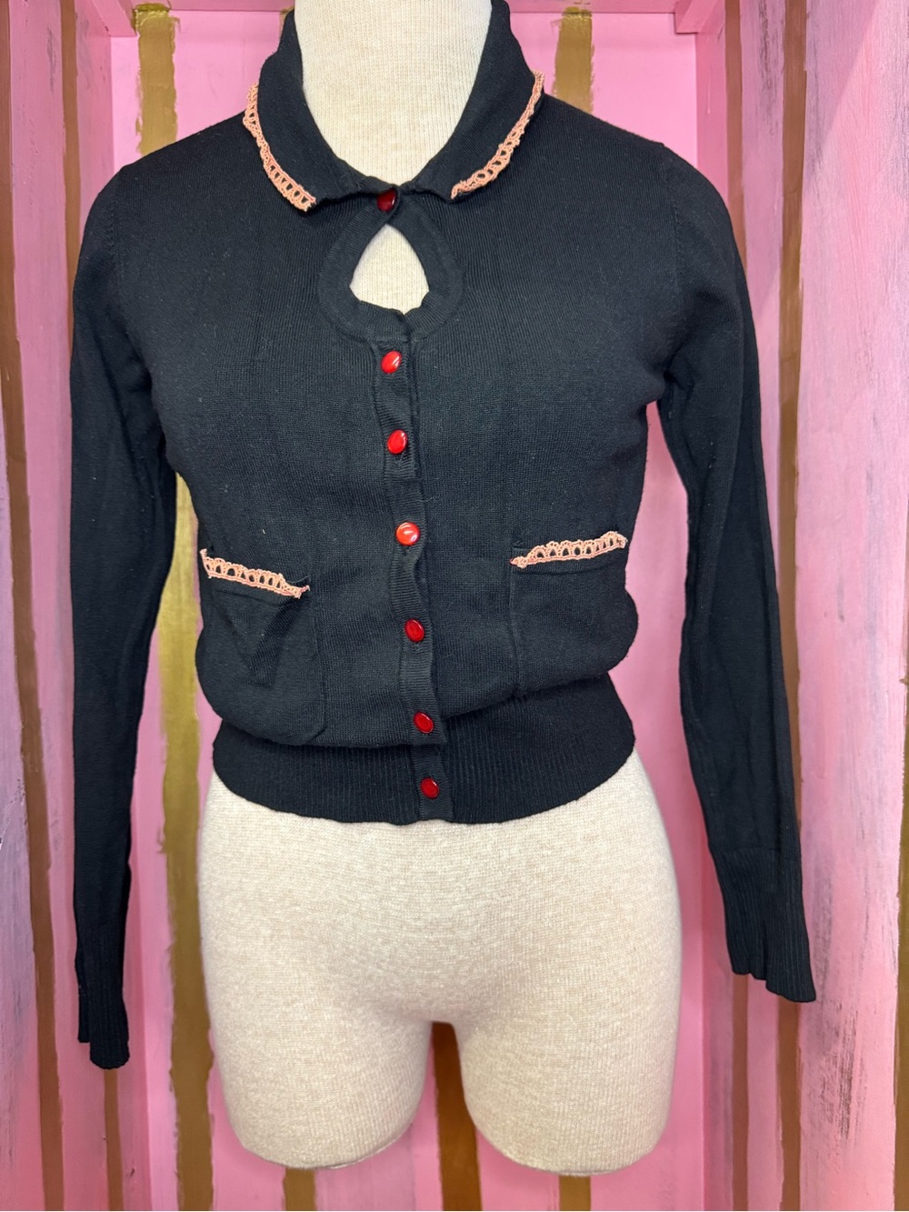 Voodoo Vixen Black Peep Hole Cropped Cardigan with Red  Embroidered Flowers